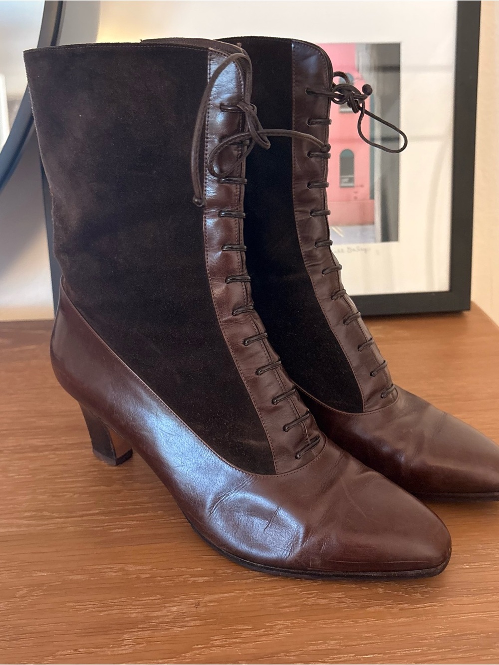 Vintage Salvatore Ferragamo Brown Leather & Suede Lace-Up Boots Size 8.5